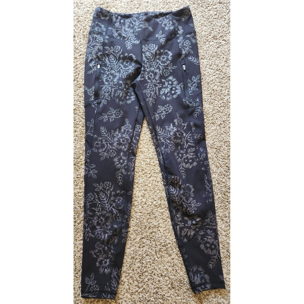 Avia Womens Floral High Rise Leggings Black Grey Hibiscus Zipper Pockets Large